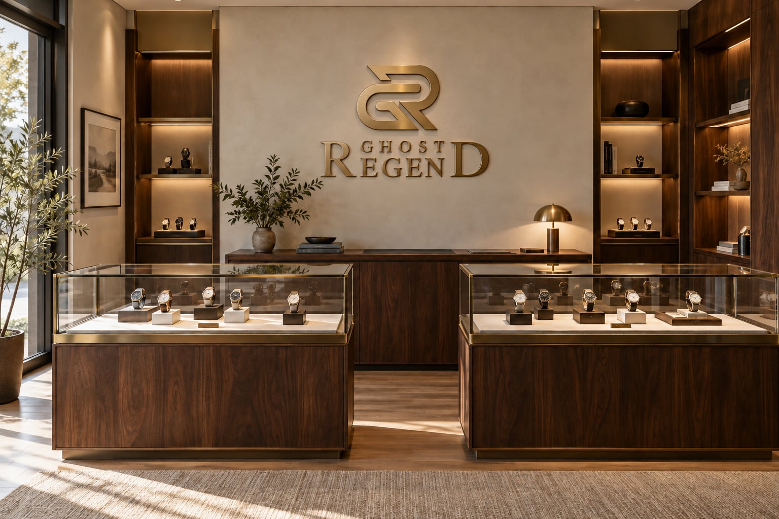 Phối cảnh boutique GHOST REGEND với tủ đồng hồ bằng gỗ, chi tiết đồng và ánh sáng tự nhiên